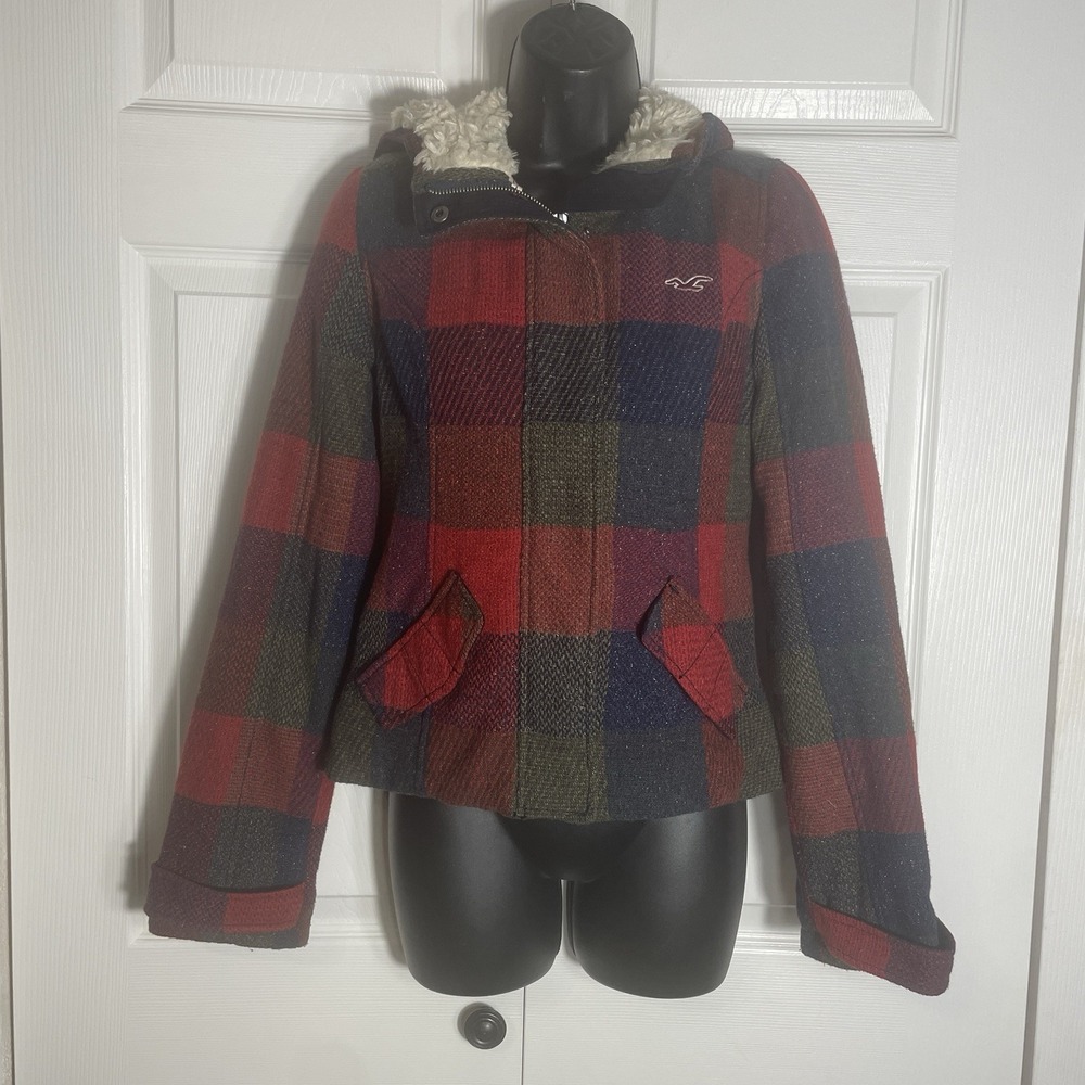 Vintage Hollister Jacket Women XS Red Blue Buffalo Plaid Y2K Sherpa‎ Lined Hood